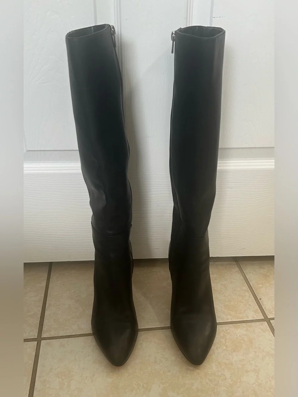 Via Spiga Dacia Almond  Toe Women's Black Leather Stiletto High Boots Size 6